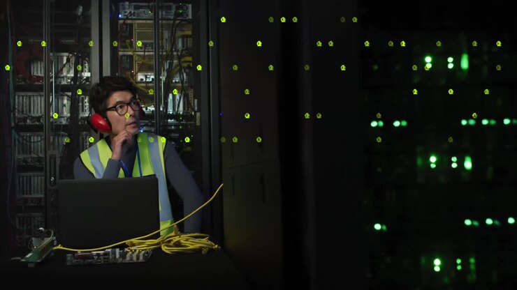 Technician adjusting eargear then scanning diagnostics as green code flowing and fading over racks