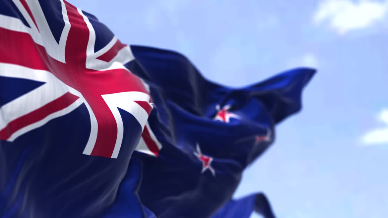 은 날 바람에 흔들리는 뉴질랜드 국기 상세한 모습