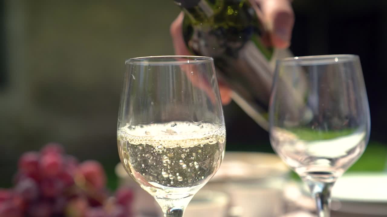 백그라운드에서 포도 나무와 화창한 날에 외부 화이트 와인을 붓는