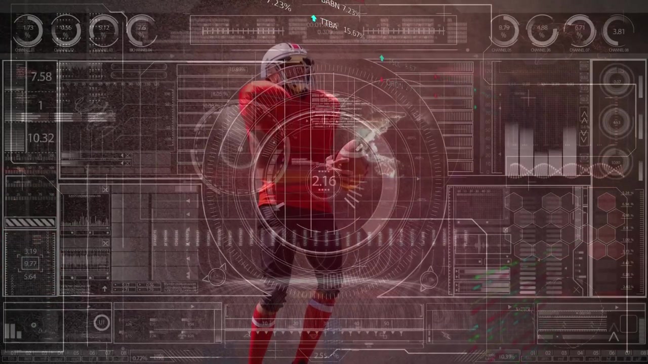 Animation of infographic interface over player holding rugby ball
