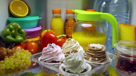 pasteles dulces en el refrigerador abierto.