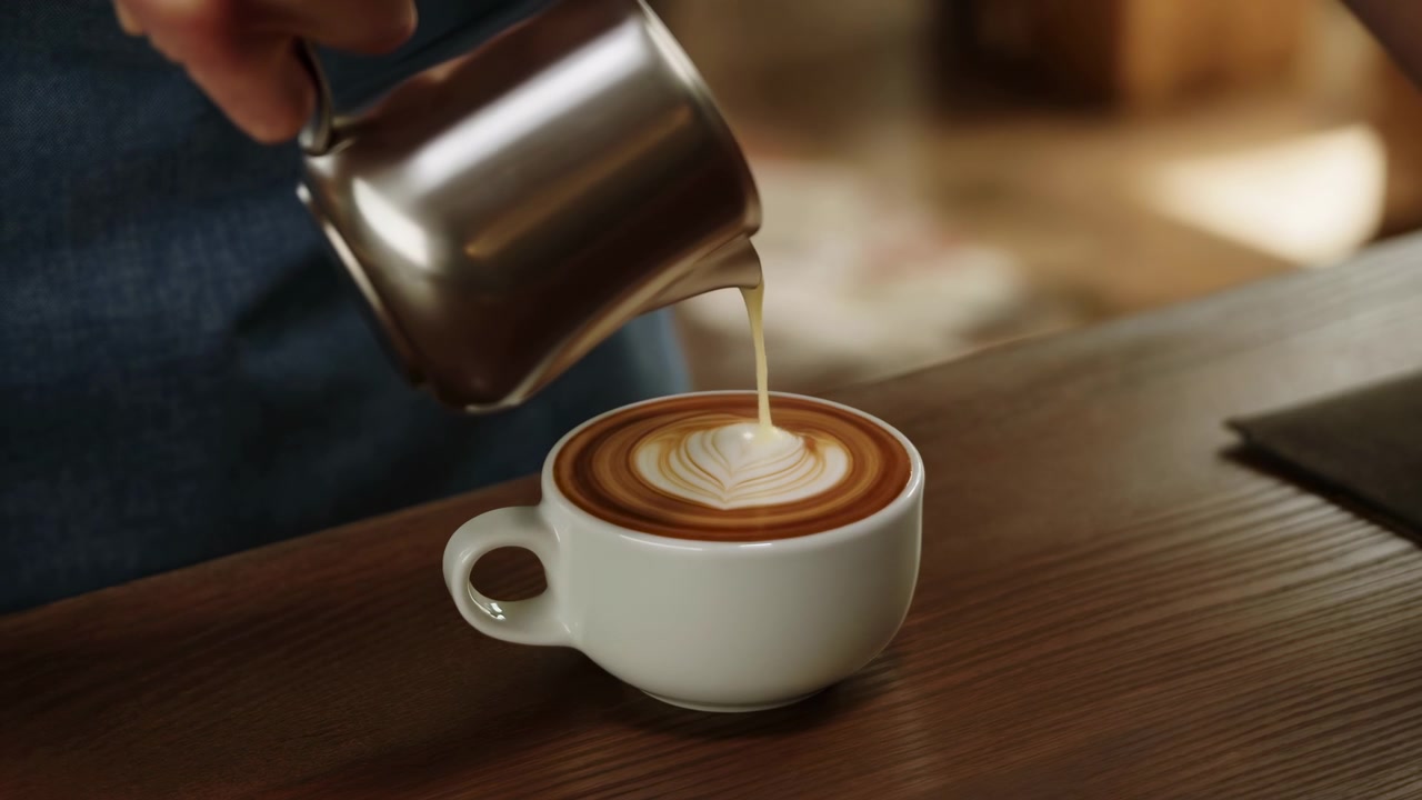 Barista hælder mælk i latte på trædisk, skaber hjerteformet skum, nærbillede af hænder, der holder