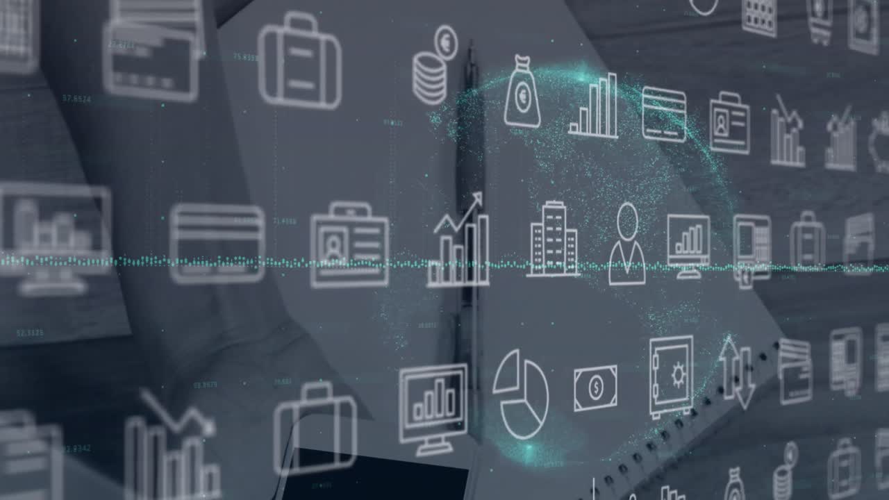 책상 위의 펜과 종이의 클로즈업에 대한 여러 디지털 아이콘과 회전하는 지구의 애니메이션