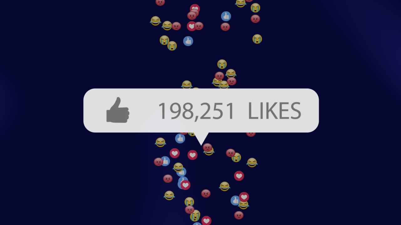 Animation of likes growing number with emoji icons on black background