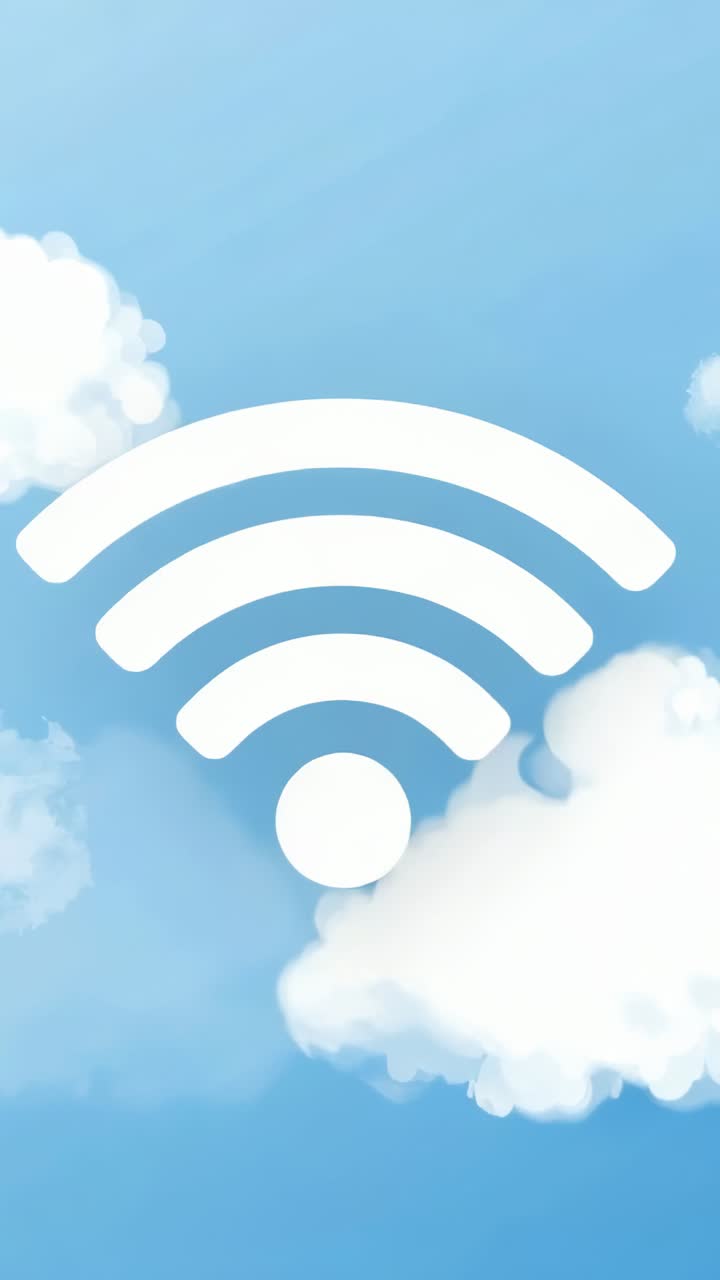 Vertical video: Wi-Fi symbol appearing at start over blue sky with clouds, signaling connection
