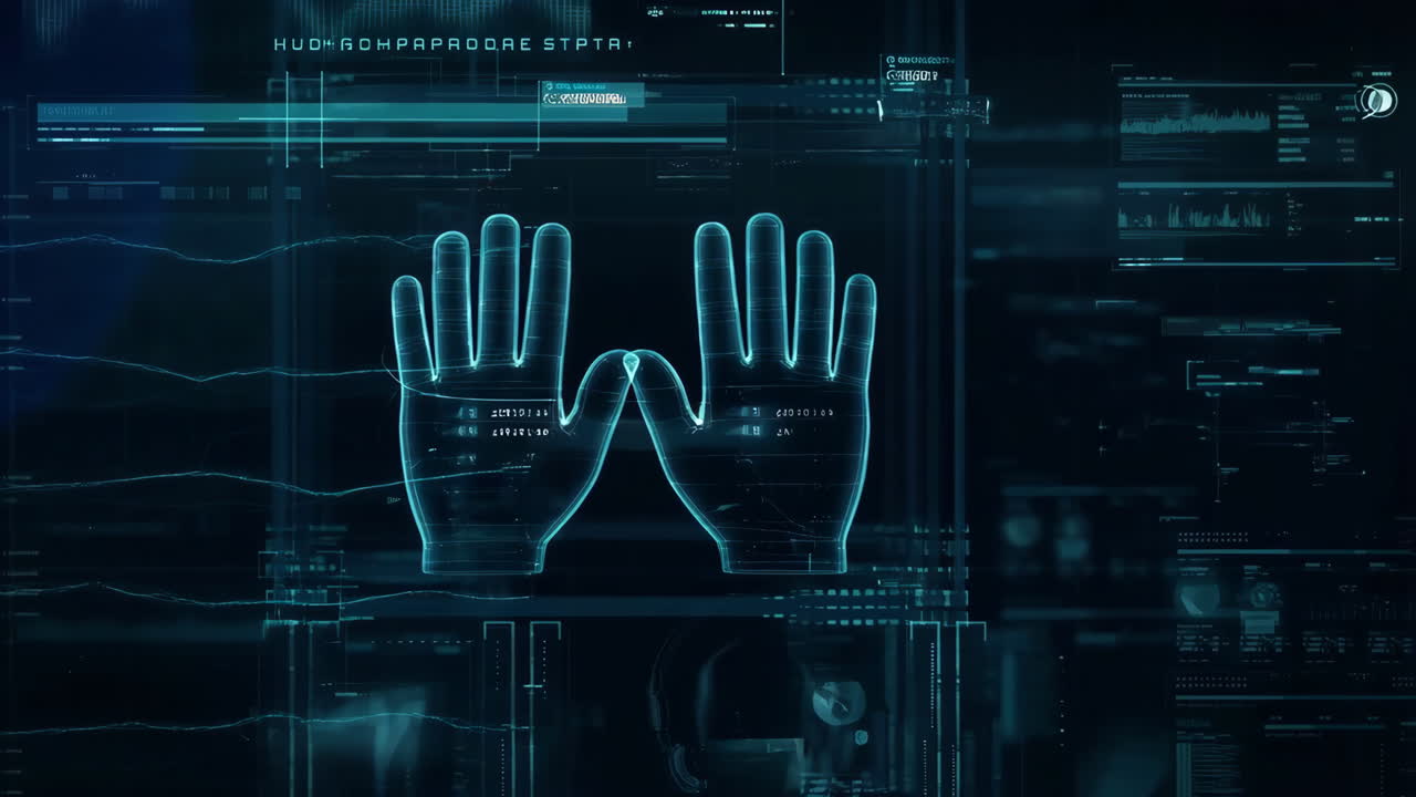 Futuristic HUD Display with Holographic Hands and Biometric Data