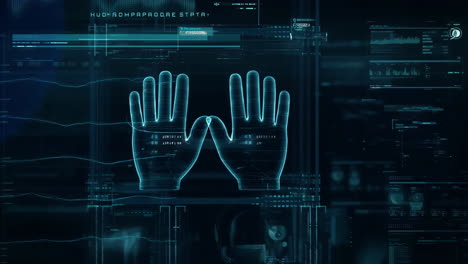 futuristic hud display with holographic hands and biometric data