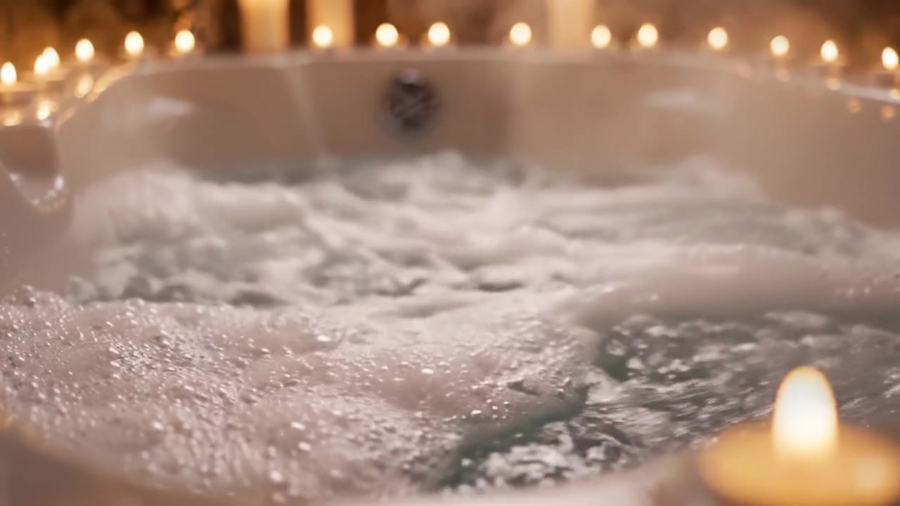 Un'esperienza spa rilassante catturata: concediti la serenità di una vasca idromassaggio piena di bolle circondata da una soffusa luce di candele per la massima tranquillità e ringiovanimento.