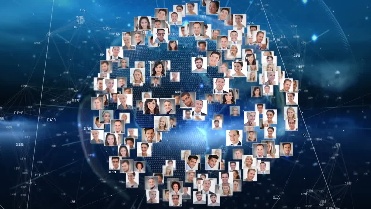 파란색 배경에 사람과 연결 네트워크를 가진 아이콘의 애니메이션