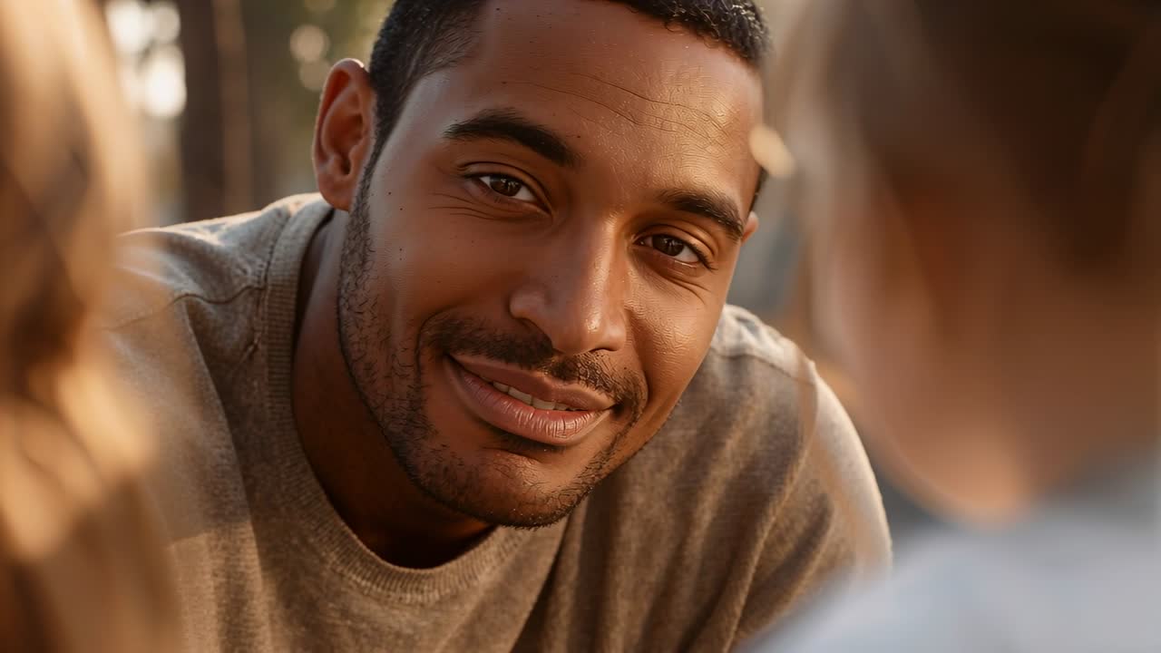 Adult male greeting children, leaning forward and speaking, teaching in education with warm bokeh