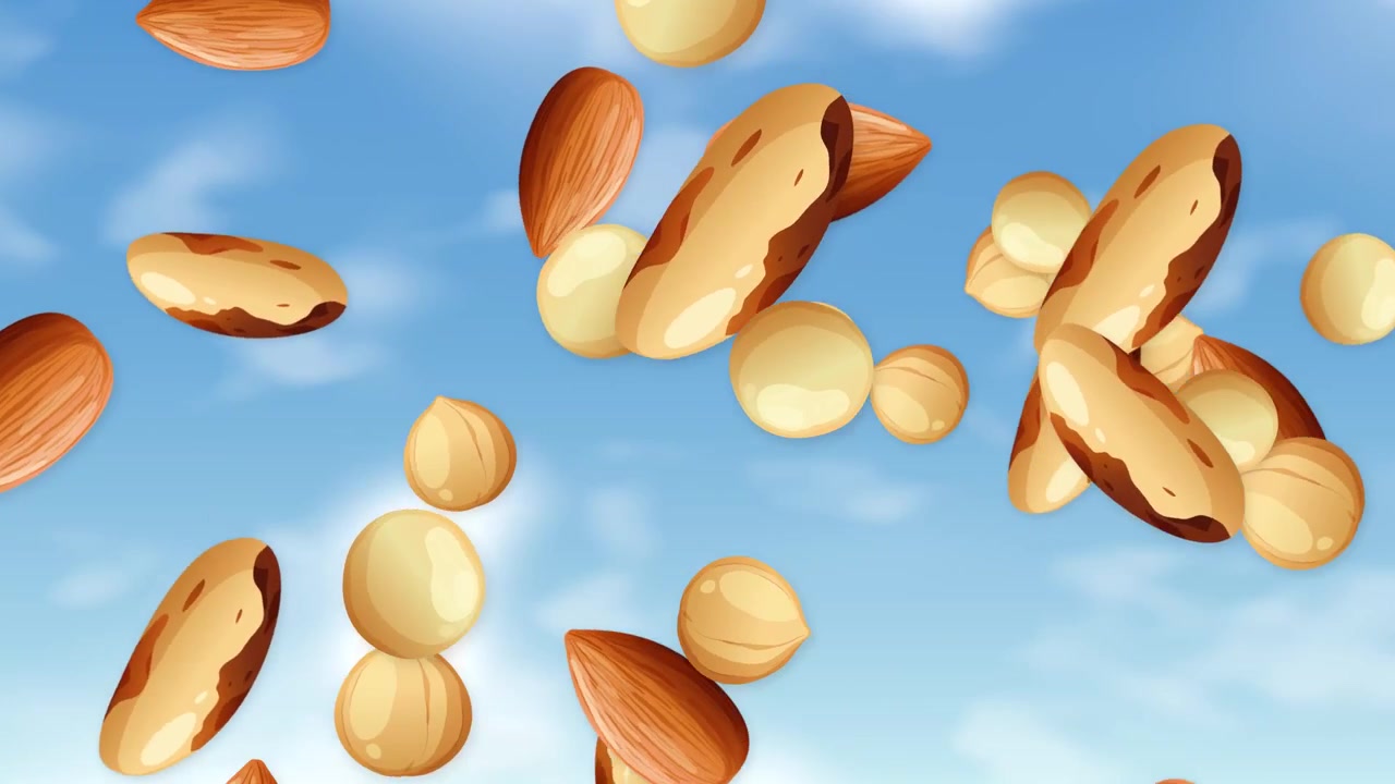 Assorted almonds, Brazil nuts, and hazelnuts fall through a sunny blue sky with soft clouds.