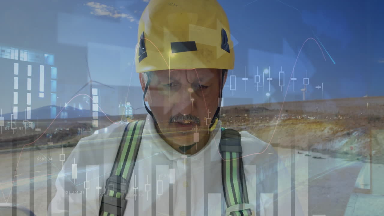 male construction worker analyzing plans on desert site, showcasing finance candlestick charts