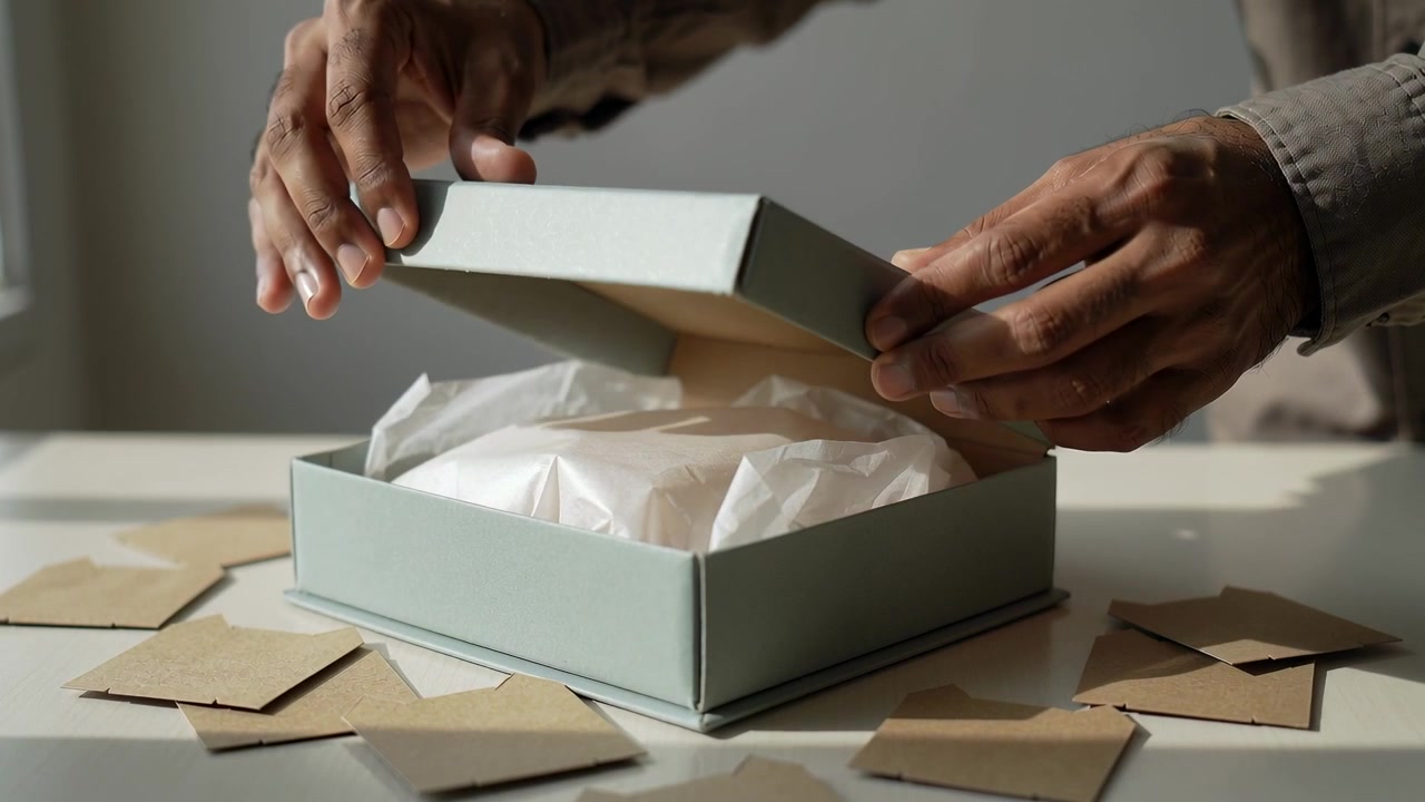 Placing hands, man lifting mint-green box lid at white table, revealing tissue and brown envelopes