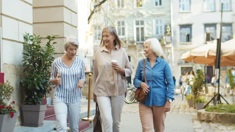 Drei-Freundliche,-Gut-Aussehende-Alte-Damen,-Die-Durch-Die-Stadt-Gehen-Und-Sich-Unterhalten