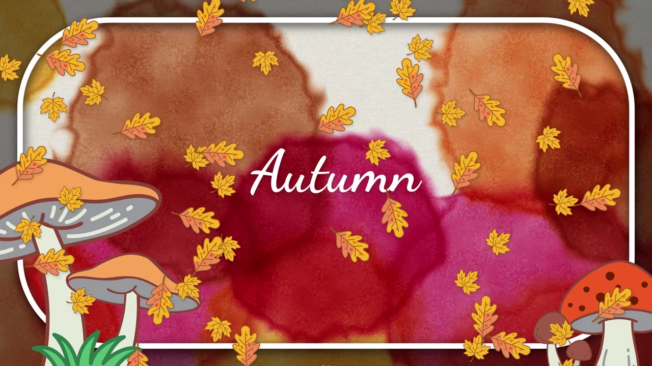 Autumn text animation with falling oak leaves, whimsical mushrooms, and colorful watercolor background blotches.