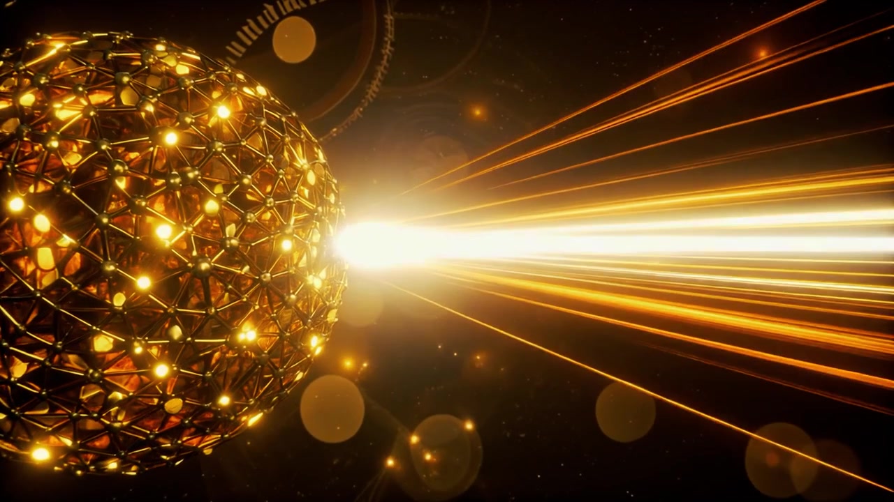 Sfera geometrica dorata luminosa che emette raggi di luce nello spazio scuro