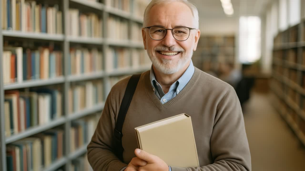 Uomo anziano felice che tiene un libro in una biblioteca