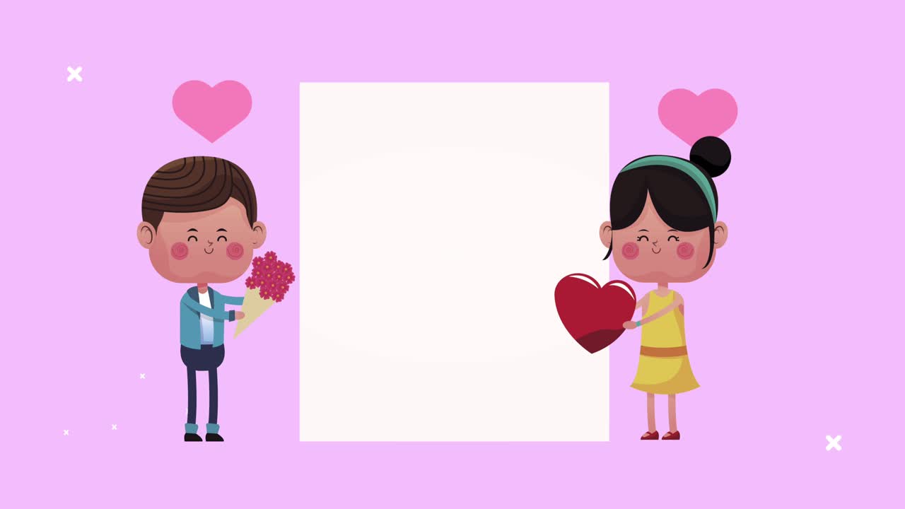 꽃과 심장을 가진 귀여운 만화 커플