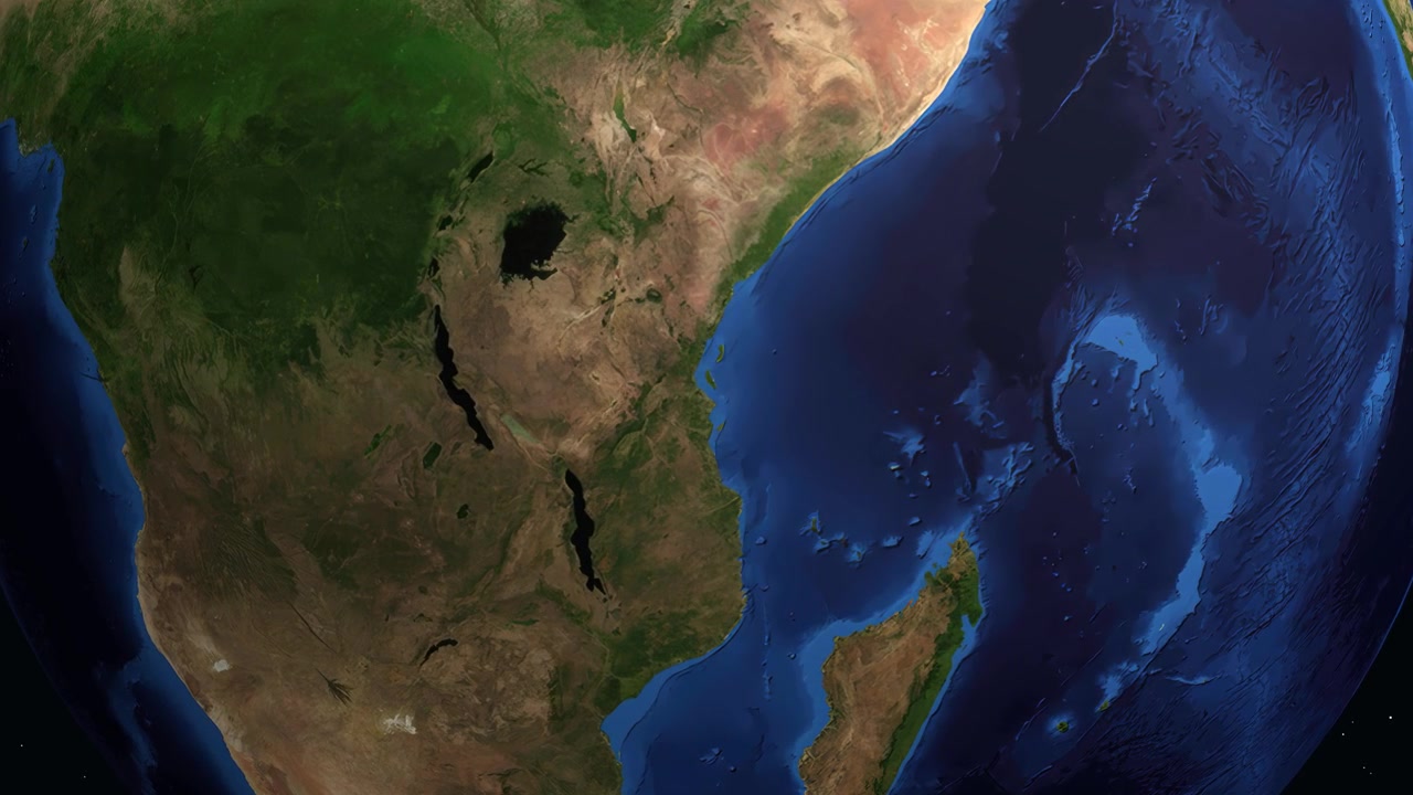 Un'animazione digitale ingrandisce dallo spazio profondo su una posizione specifica in Tanzania, Africa orientale
