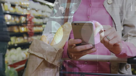 Animation-of-financial-data-processing-over-caucasian-woman-using-smartphone-grocery-shopping