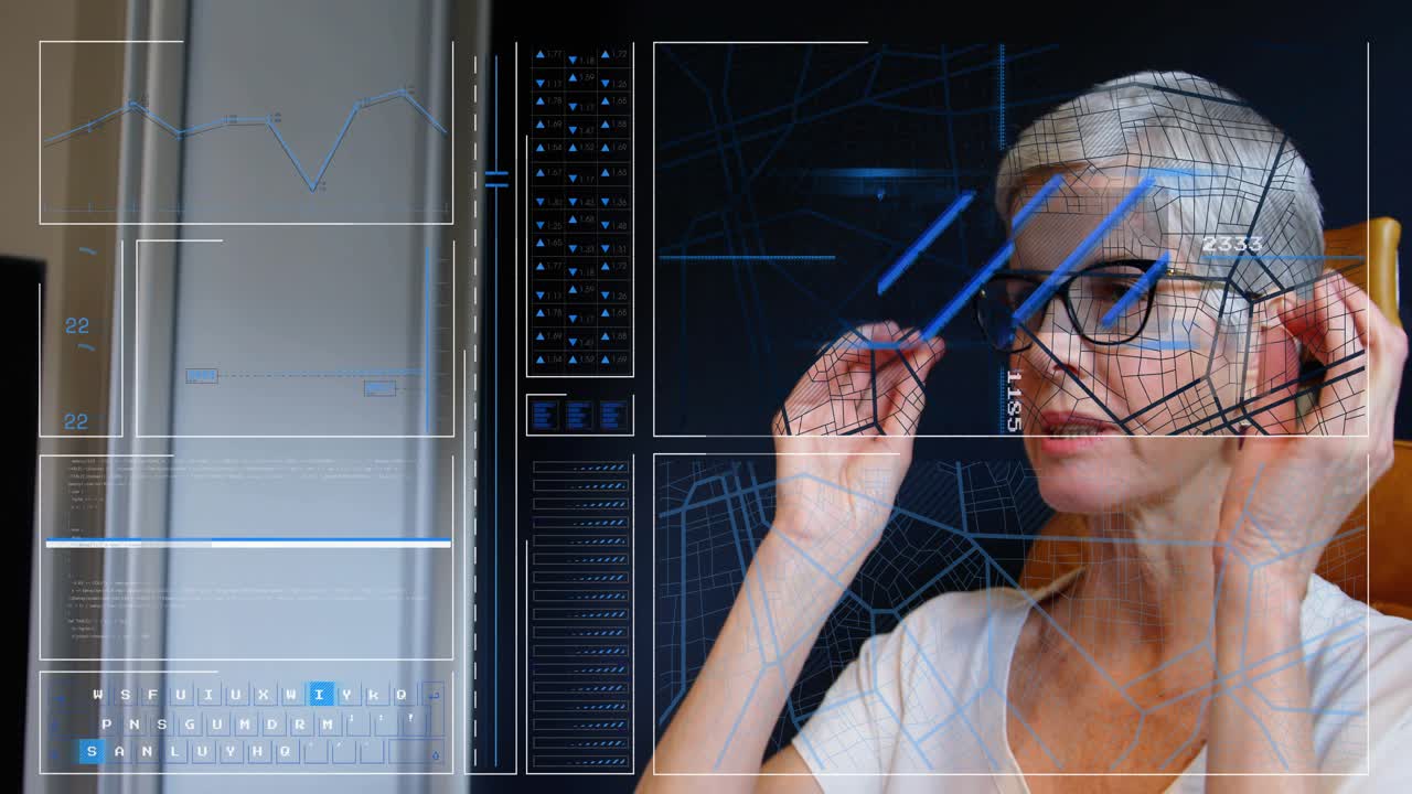 Seated woman raising hands and adjusting eyeglasses while starting AR face scan for testing fit
