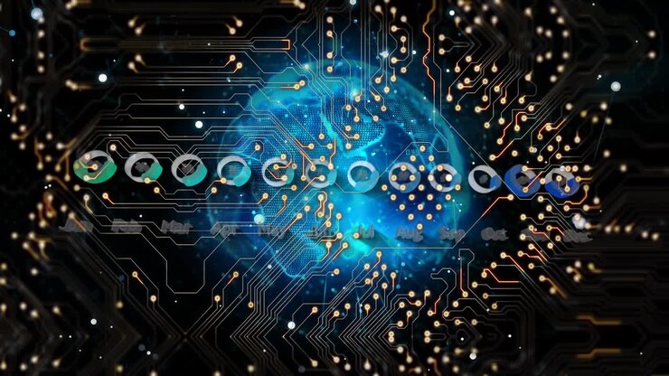 Animation of computer circuit board over graph and globe on black background