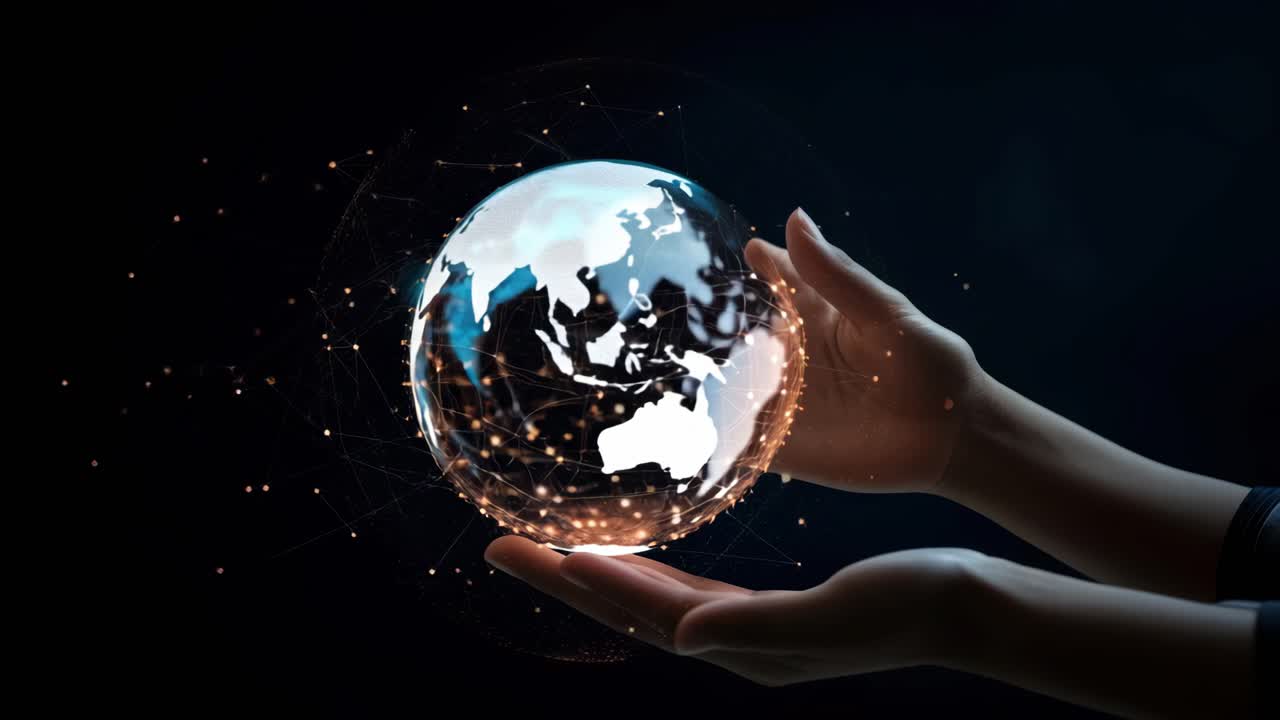 A futuristic video concept showing hands cradling a digital globe with glowing connections