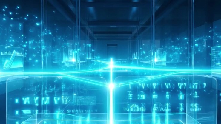 Digital Data Network Connecting Through Futuristic Server Room