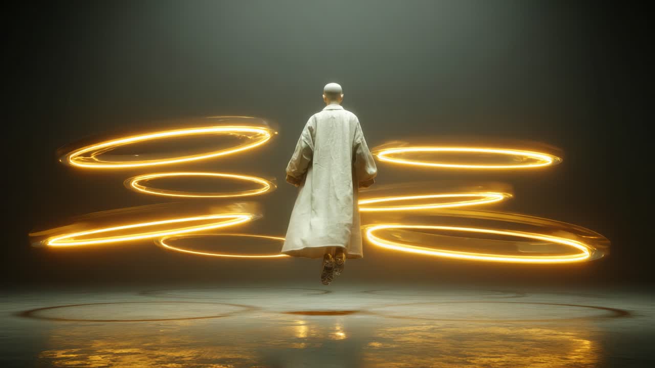 A mesmerizing figure suspended in mid-air, surrounded by vibrant glowing circles. This captivating scene captures a moment of dynamic energy, blending motion with a mystical atmosphere