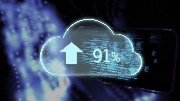 Upload progress clouds, glowing particle and digital screen with programs