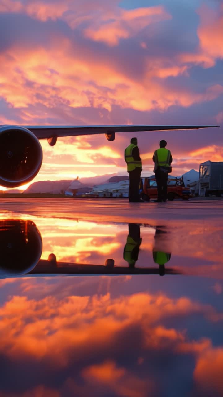 Riflessi mozzafiato del tramonto all'aeroporto con sagome del personale di terra e dell'ala di un aereo, catturati in colori vivaci e nuvole drammatiche sopra la testa.