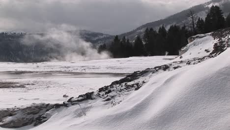 the camera captures the wind blowing the steam rising from the hot springs' terraces
