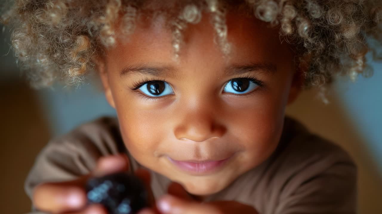 A joyful child with curly hair smiles warmly at the camera, holding a small, shiny object in both hands, capturing an adorable moment of innocence and curiosity