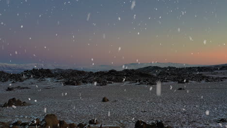 drone ascending over snowy rocky mountains during snowfall