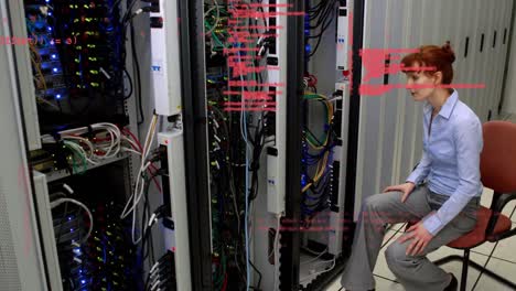 Animation-of-data-processing-over-caucasian-woman-in-server-room