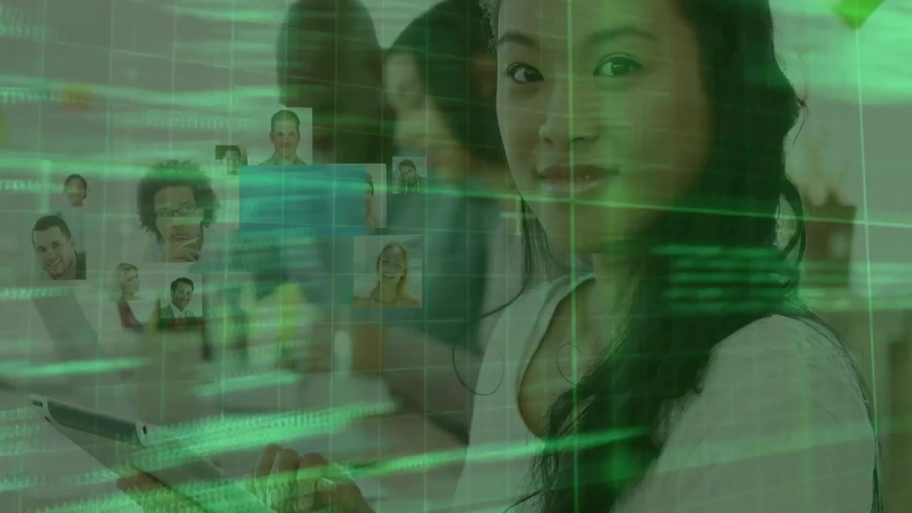 Green code grid obscuring, team collaborating, woman developer scrolling tablet, grid dissolving