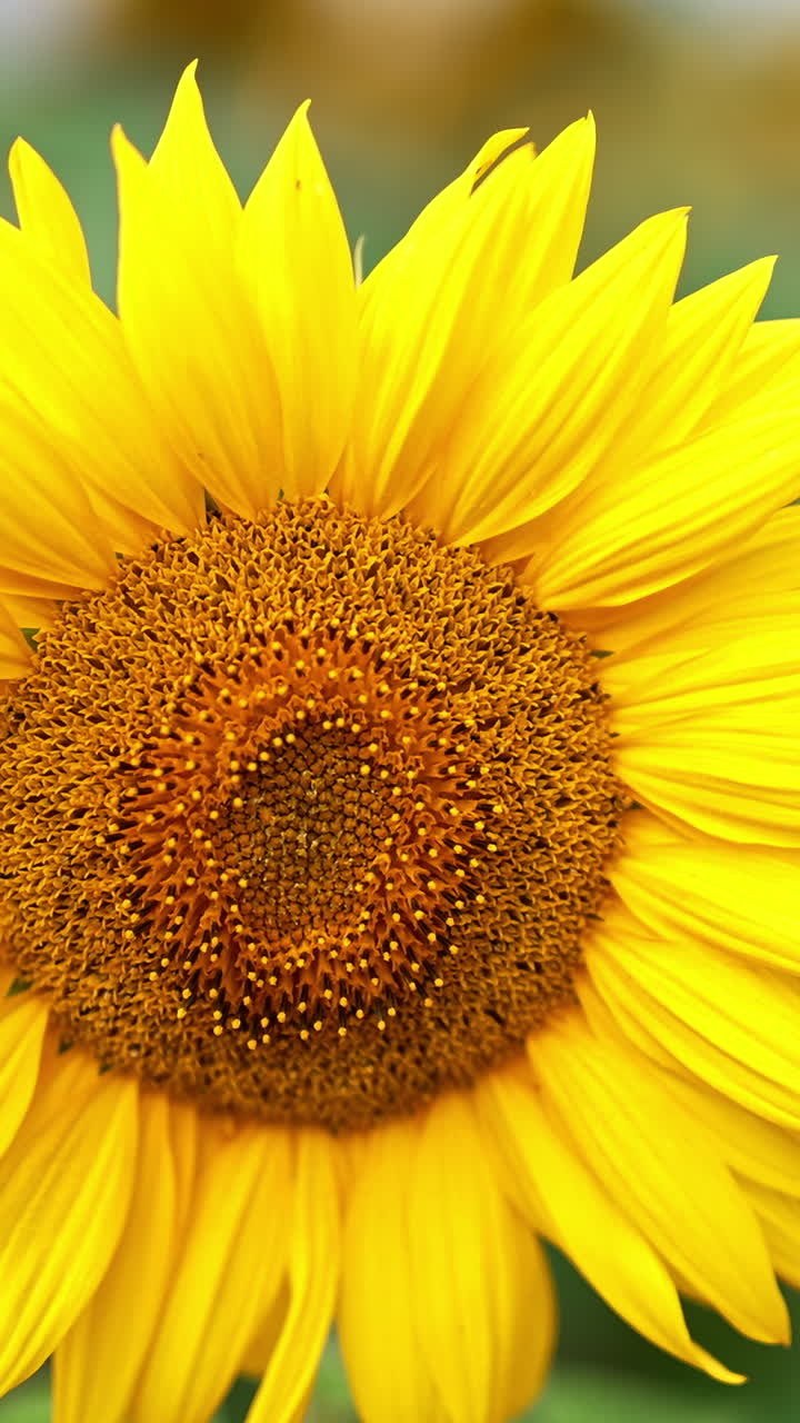 Heavy bee full of pollen flies from one seed flower to another. Beautiful bright sunflowers blossoming in summer. Close up. Vertical video