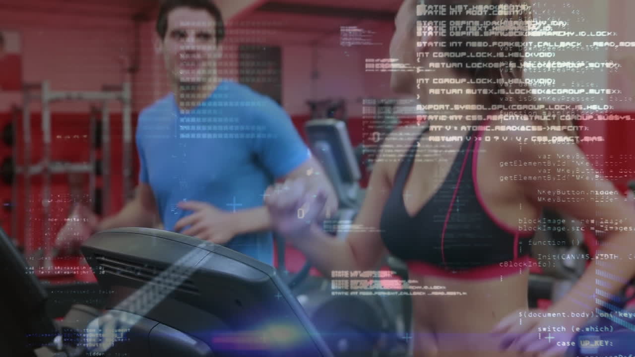 Man and woman using treadmill at gym
