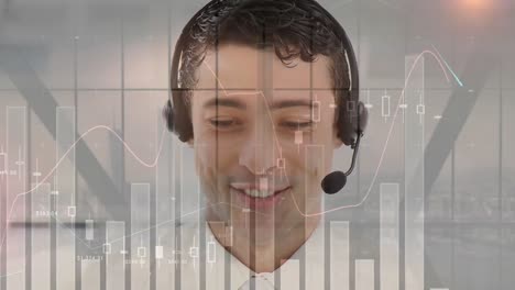 Animation-of-financial-and-statistic-data-processing-over-businessman-wearing-phone-headset