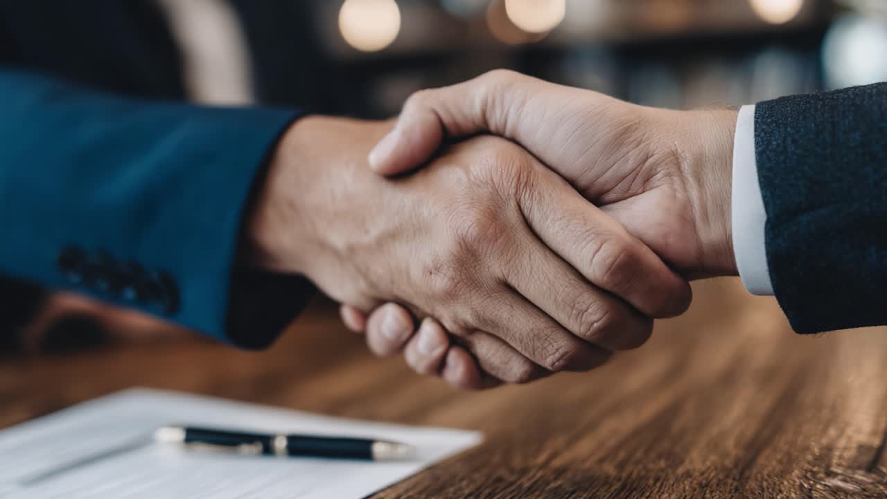 Un primer plano de dos profesionales realizando un firme apretón de manos, que simboliza confianza, acuerdo y colaboración en un contexto empresarial.