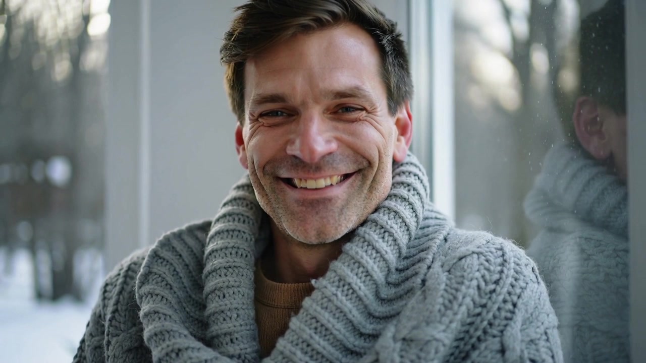 Smilende mann reagerer på signal utenfor bildet, smiler bredere, fester blikket hjemme ved vinduet med genser.