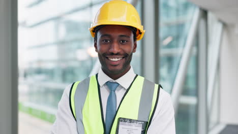 Cara,-Sonrisa-De-Ingeniero-Y-Hombre-Negro-Con-Casco.