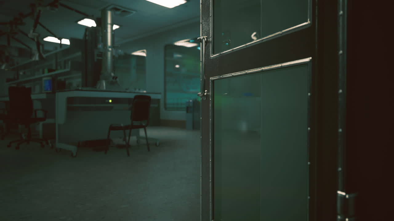 Mysterious lab entrance inviting exploration in a dimly lit environment