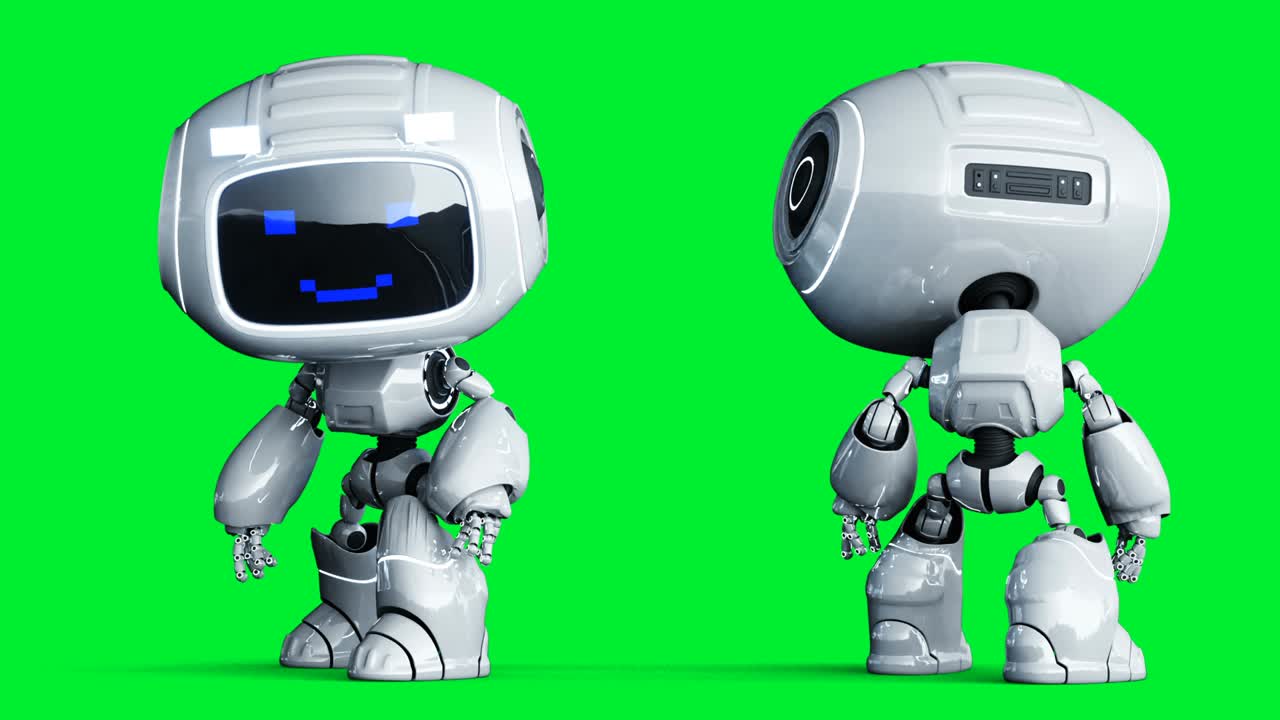 animación de robot de juguete blanco sonriente. desenfoque de movimiento físico. animación realista en pantalla verde 4k. pantalla verde