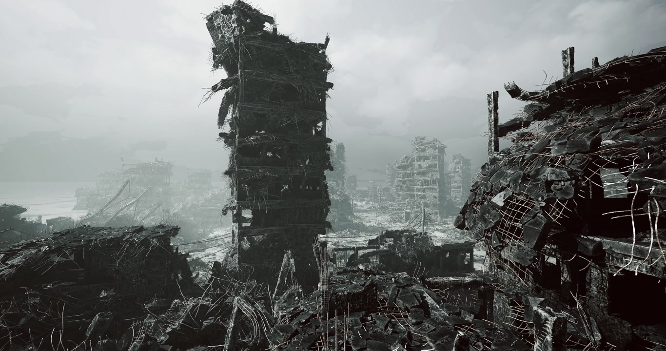 Somber scene featuring crumbling towers and misty surroundings