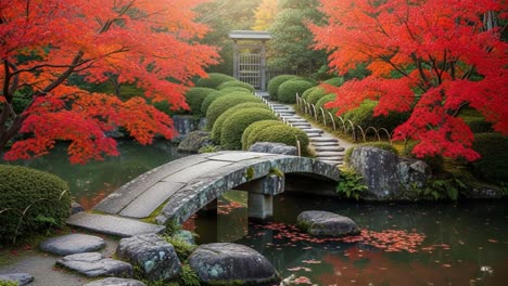 a serene autumn scene with red leaves and tranquil bridge over a still pond in a japanese garden, illustrating the beauty of nature in fall