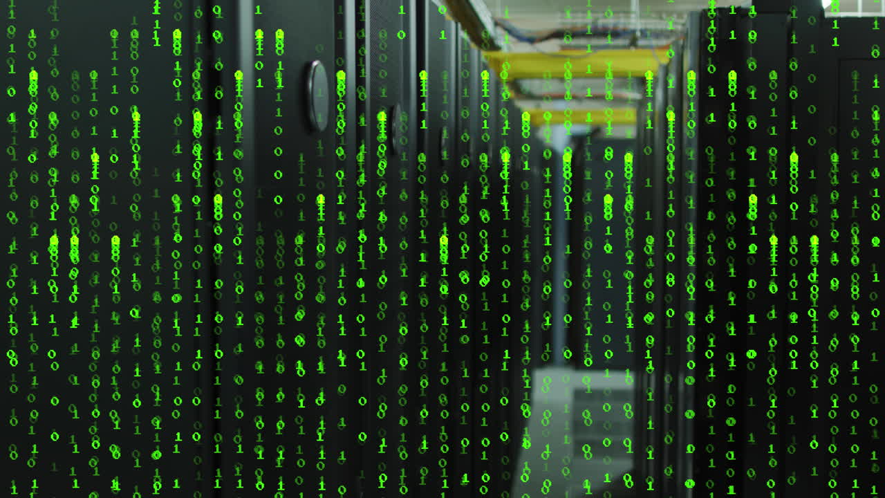 Animation of green numbers falling over servers