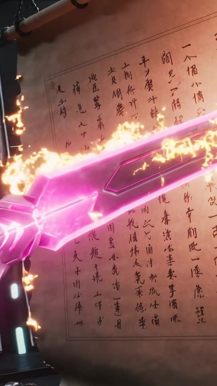 Video verticale: Lama di energia rosa che entra in una galleria, sprigionando fiamme, illuminando una pergamena calligrafica