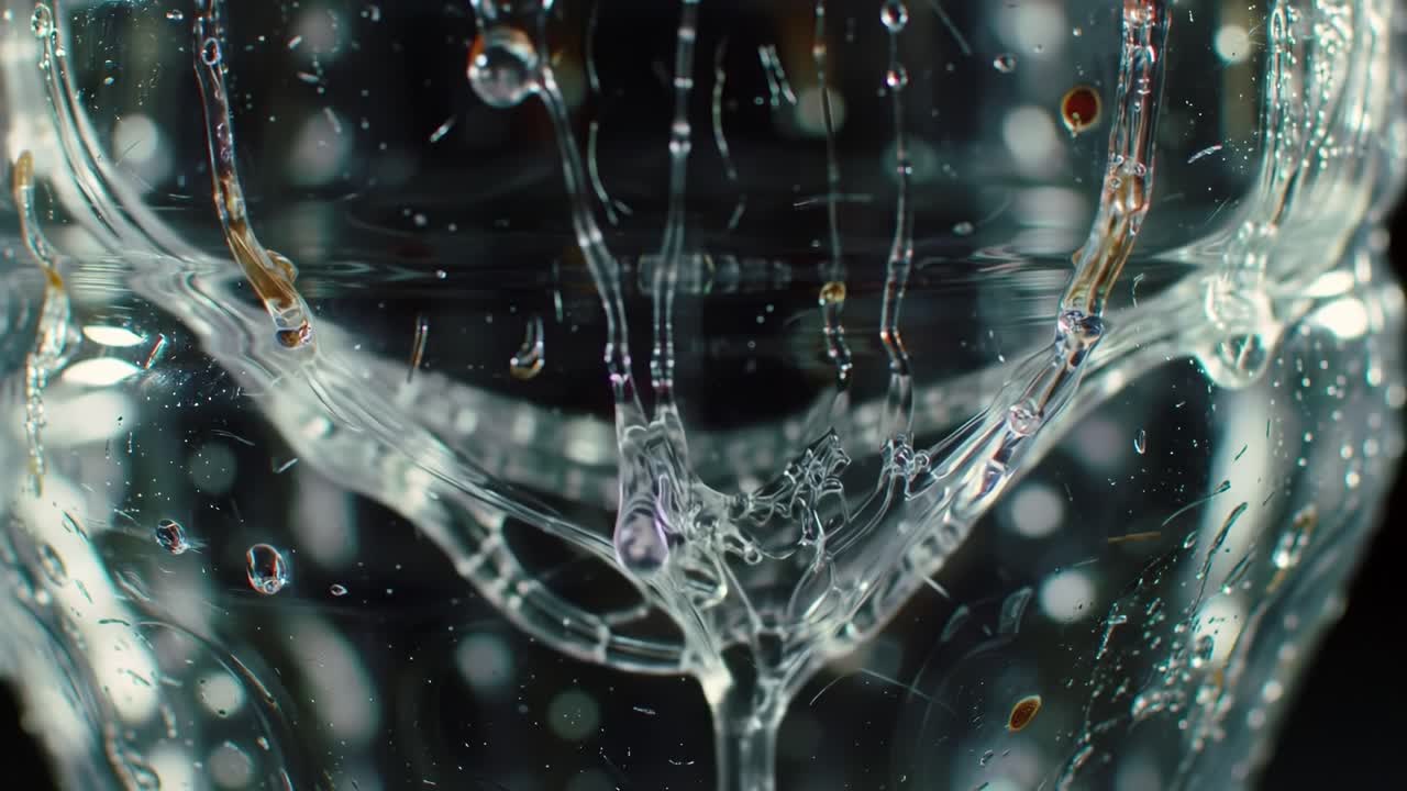 Magnificent Close-Up of Water Droplets Interacting on a Transparent Surface, Capturing the Intricate Beauty of Fluid Dynamics and Light Reflection
