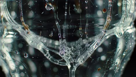 magnificent close-up of water droplets interacting on a transparent surface, capturing the intricate beauty of fluid dynamics and light reflection